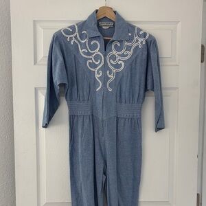 Vintage Western Denim Jumpsuit with White Embroidery